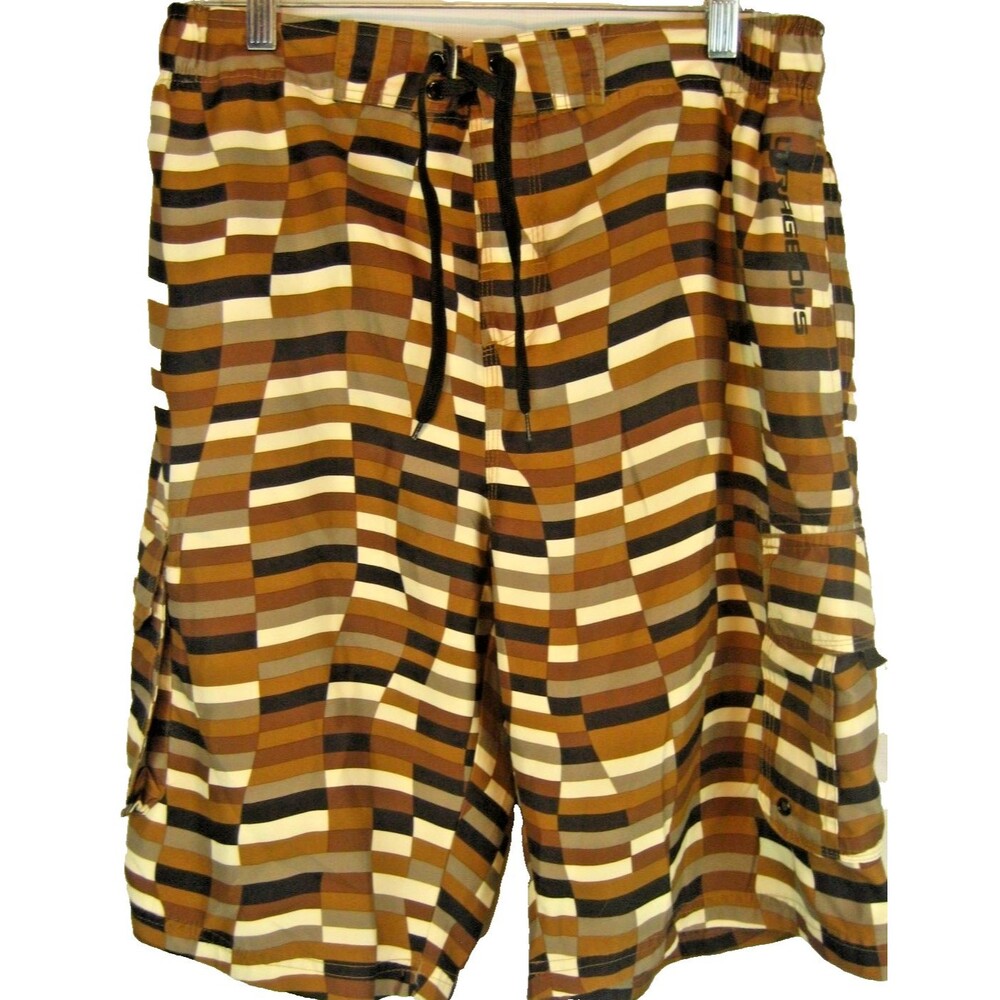 Mens O'rageous Cargo Board Shorts Brown Checked Swim Trunks Drawstring sz L
